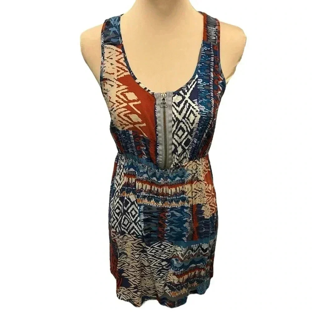 Belle du Jour Geometric Colorful 1/2 Zip Front Lace Racer-bank Tank Dress Large.